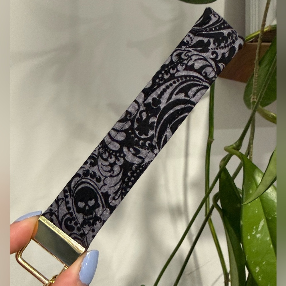 Gothic inspired black and grey handmade keychain wristlet